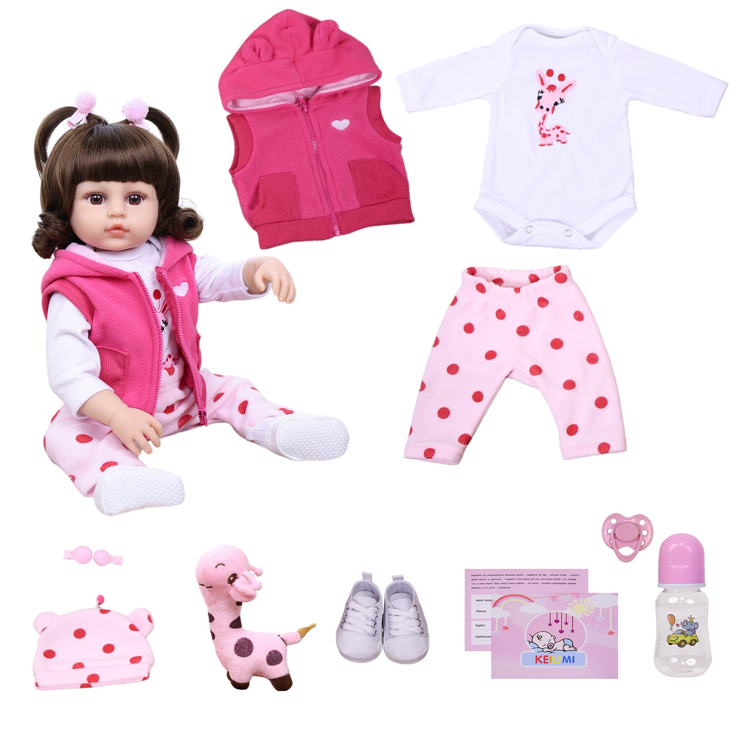 22 inch Full Body Silicone Realistic Baby Girl with Light Brown Hair & Acrylic Eyes, Pink Cloths Set with Shoes & Accessories, Gift for Girls 3+