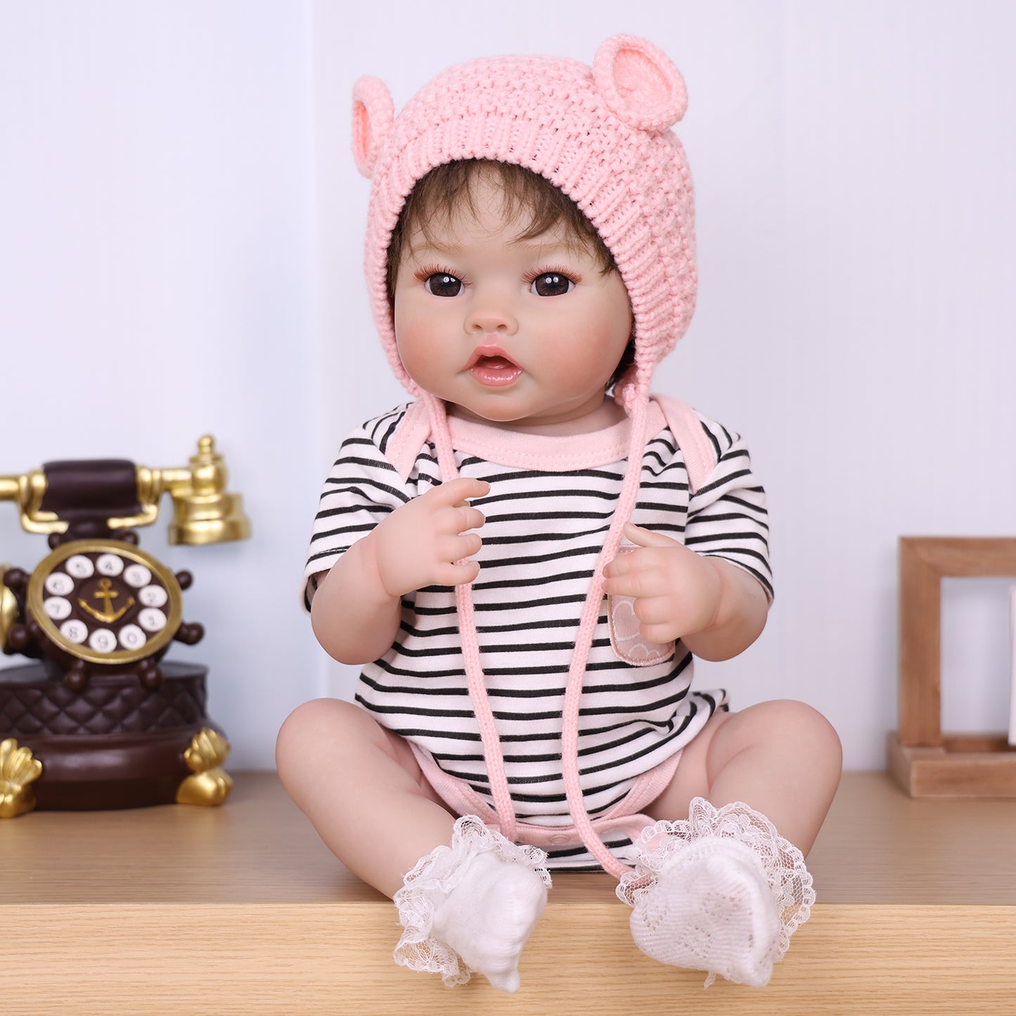 22 inch Full Body Silicone Realistic Baby Girl with Light Brown Hair & Acrylic Eyes, Shoes & Accessories, Gift for Girls 3+