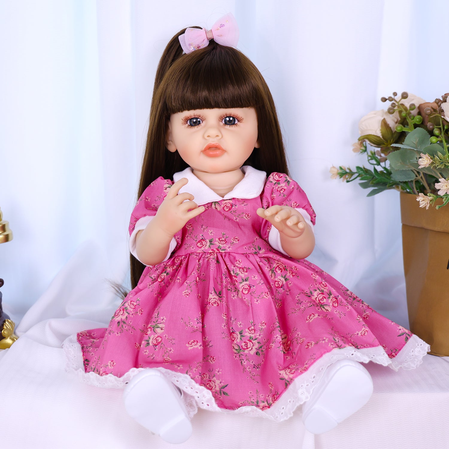 22 Inch Full Body Silicone Realistic Baby Girl with Long Brown Hair & Princess Style, Gift for Girls 3+