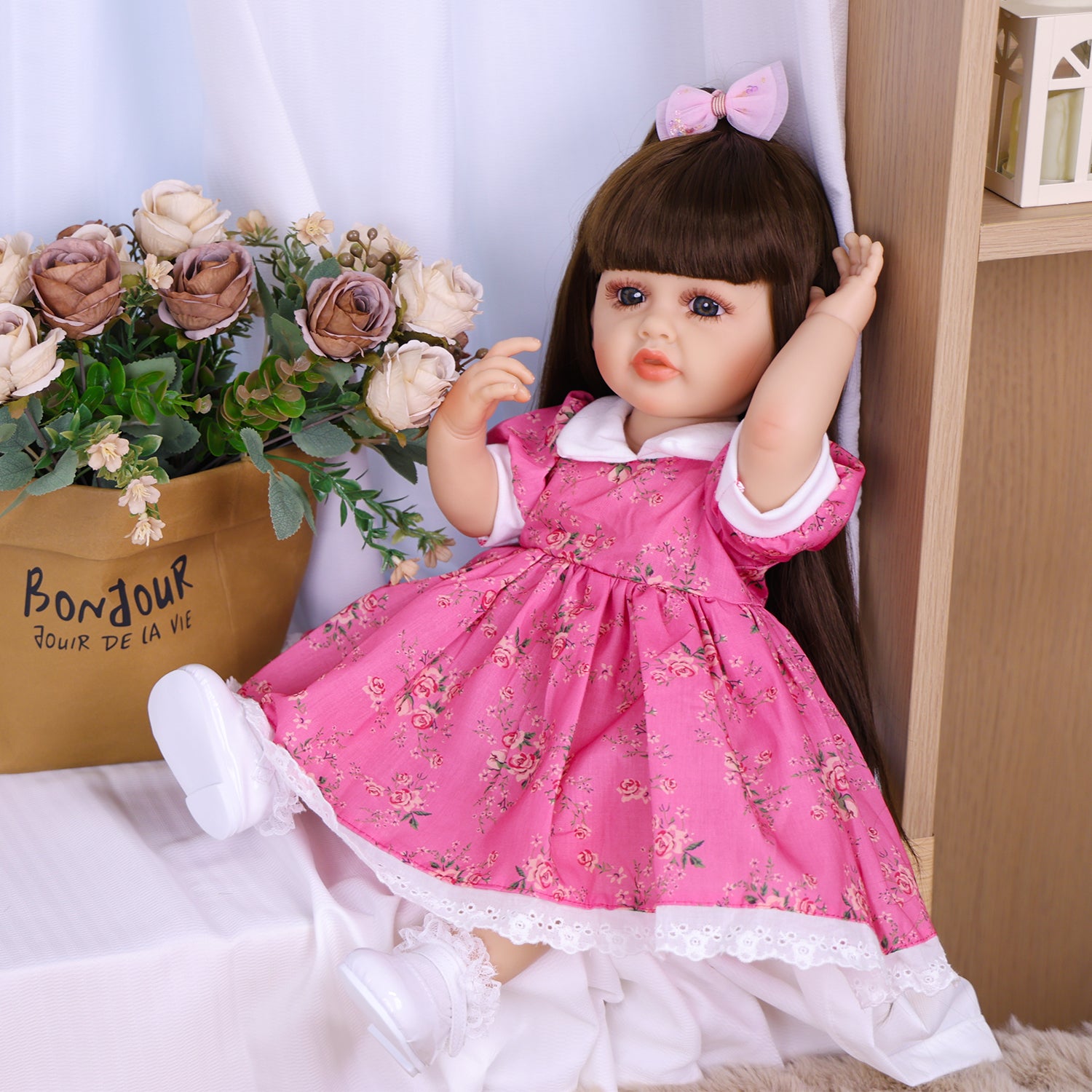 22 Inch Full Body Silicone Realistic Baby Girl with Long Brown Hair & Princess Style, Gift for Girls 3+