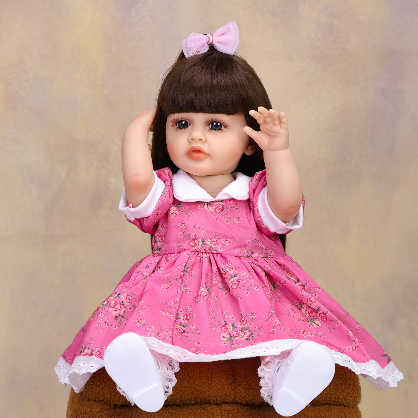 22 Inch Full Body Silicone Realistic Baby Girl with Long Brown Hair & Princess Style, Gift for Girls 3+