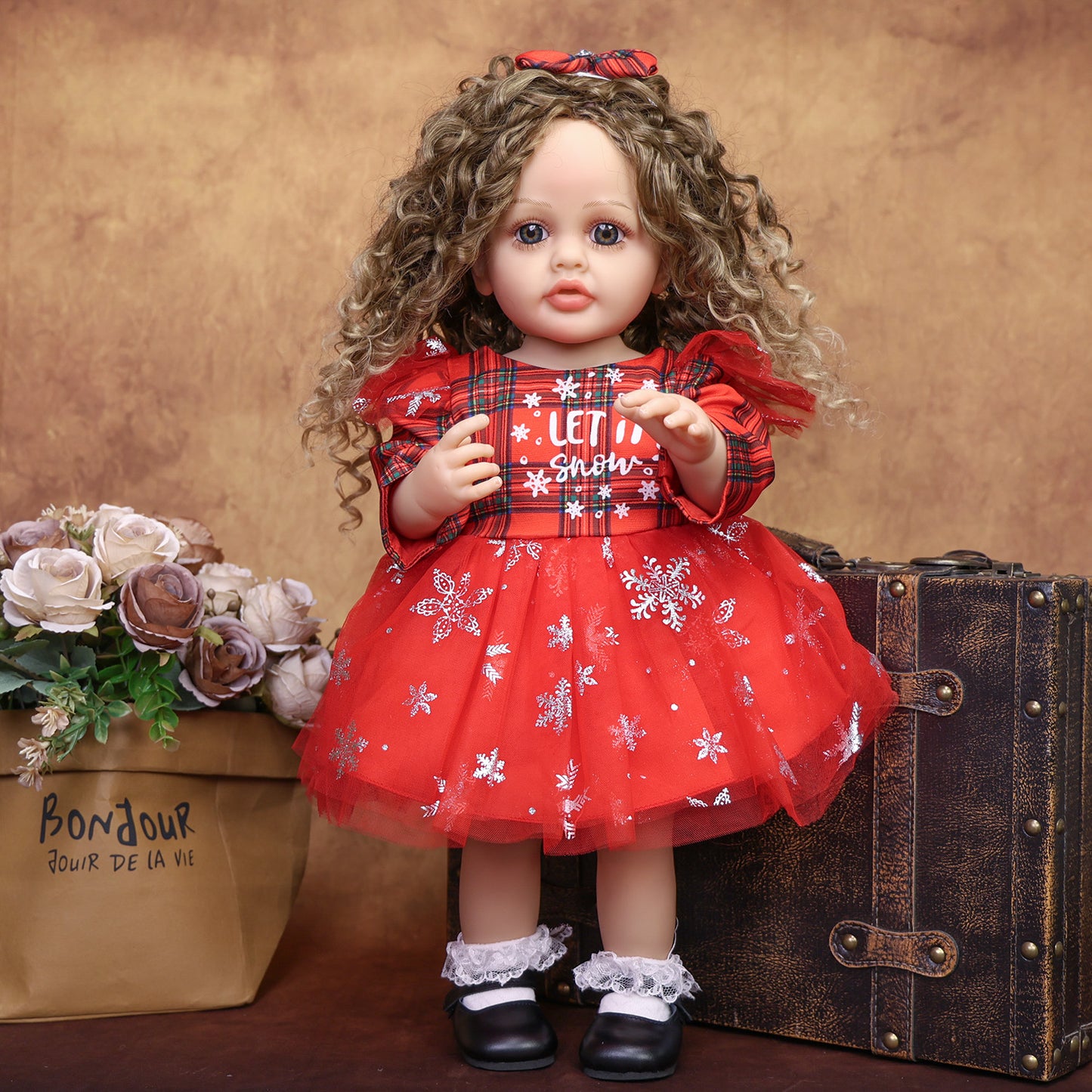 22 Inch Full Body Silicone Realistic Baby Girl with Long Brown Hair & Princess Style, Gift for Girls 3+
