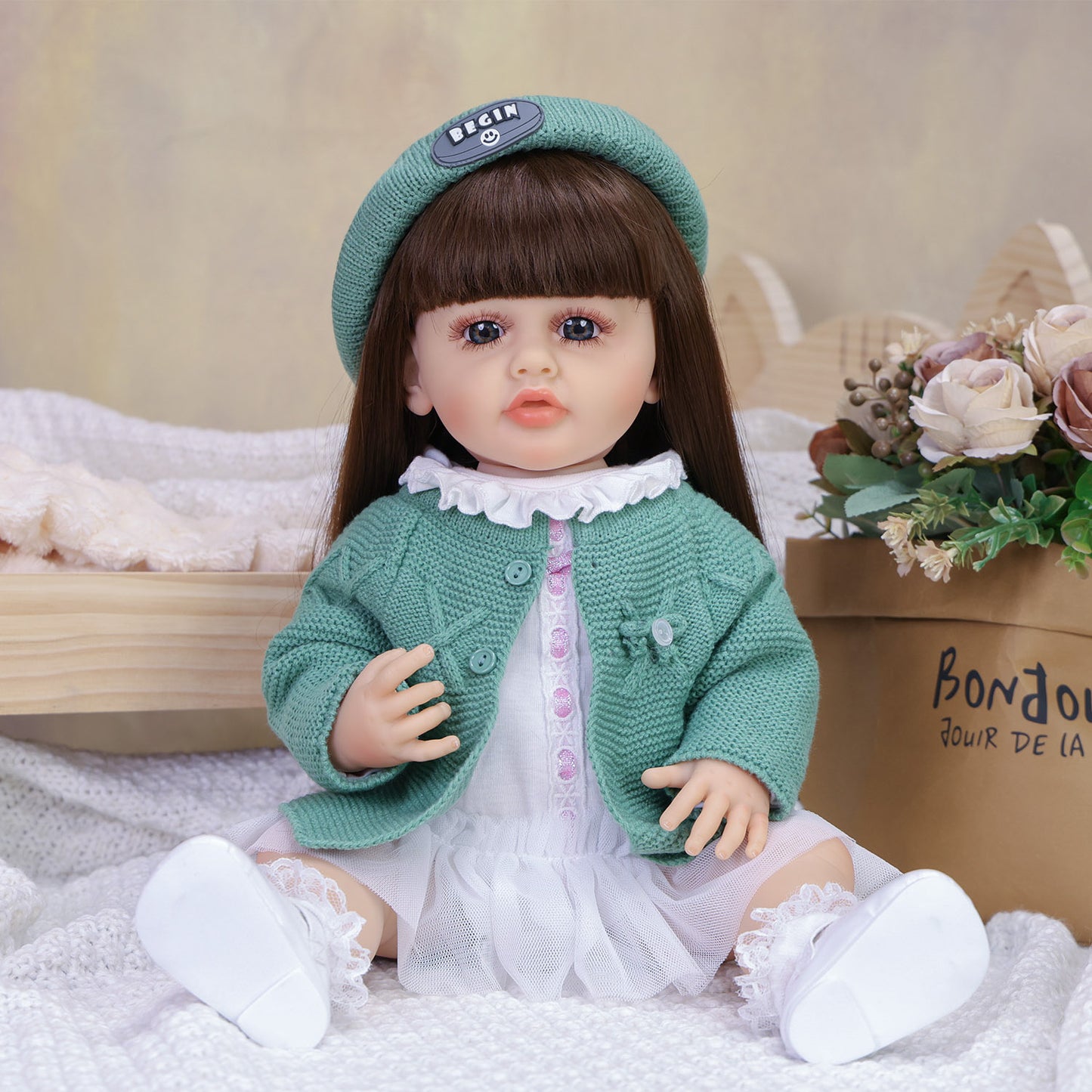 22 Inch Full Body Silicone Realistic Baby Girl with Long Brown Hair & Princess Style, Gift for Girls 3+