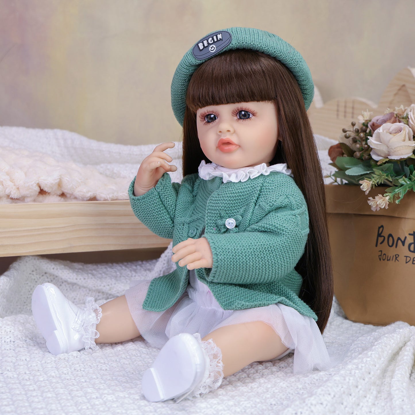22 Inch Full Body Silicone Realistic Baby Girl with Long Brown Hair & Princess Style, Gift for Girls 3+