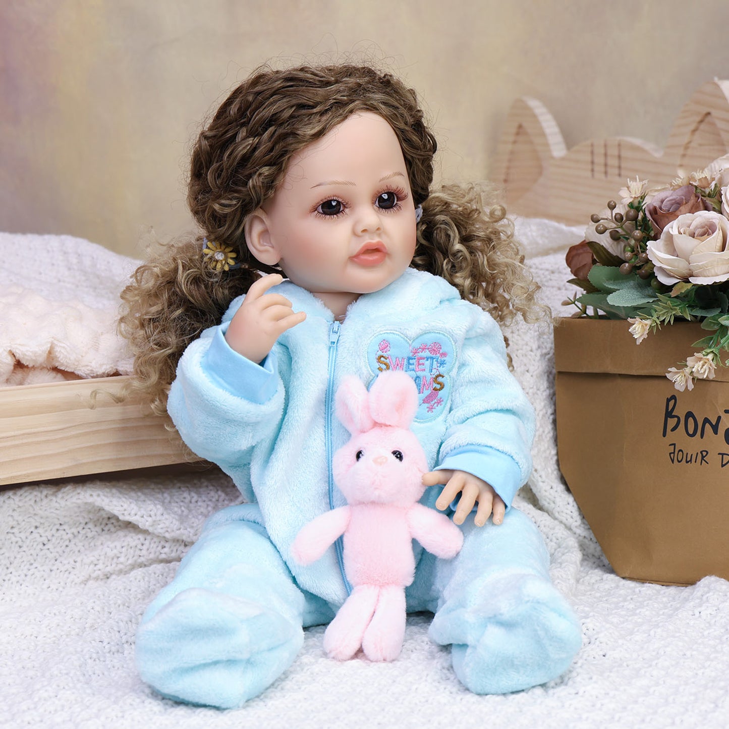 22 Inch Full Body Silicone Realistic Baby Girl with Long Brown Hair & Princess Style, Gift for Girls 3+