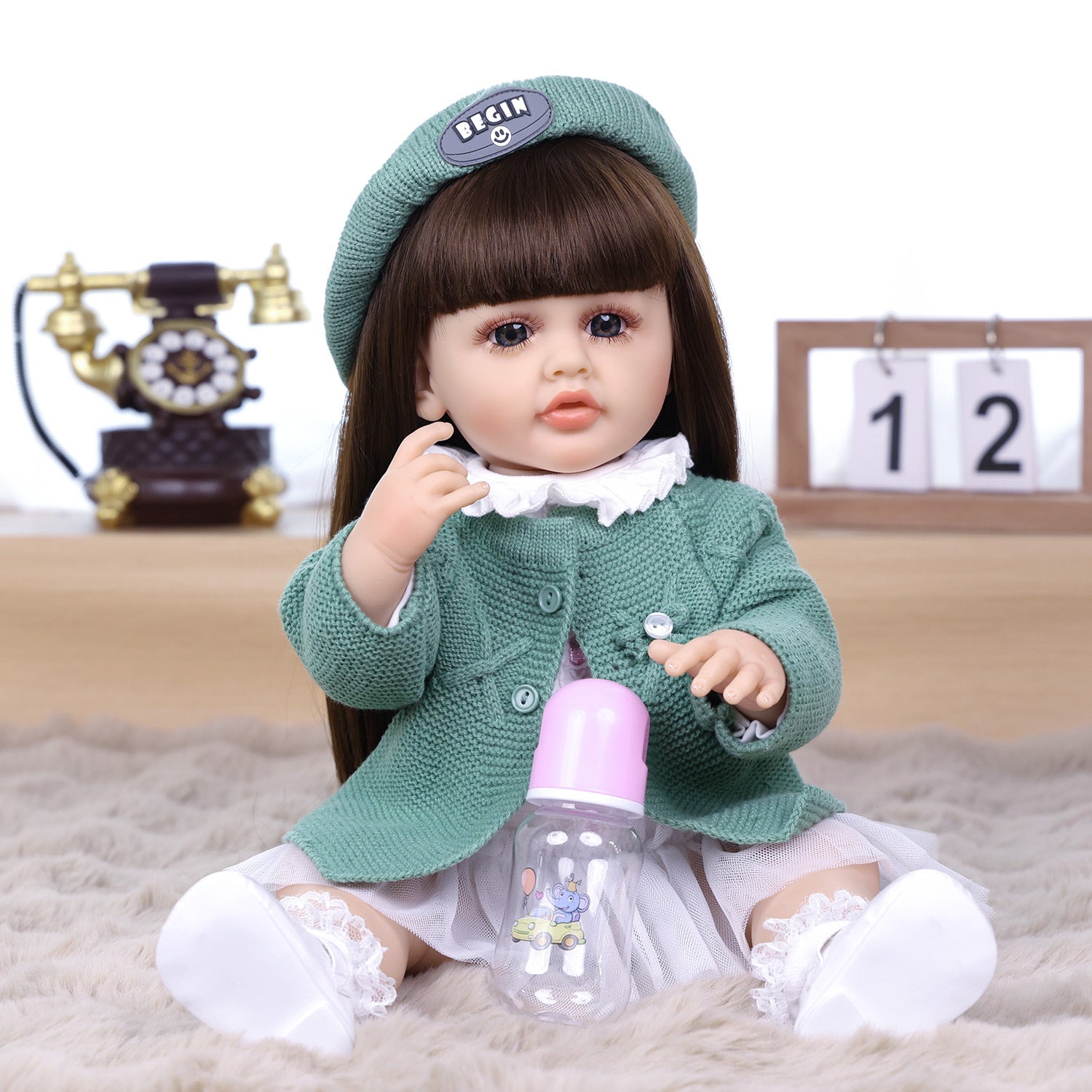 22 Inch Full Body Silicone Realistic Baby Girl with Long Brown Hair & Princess Style, Gift for Girls 3+