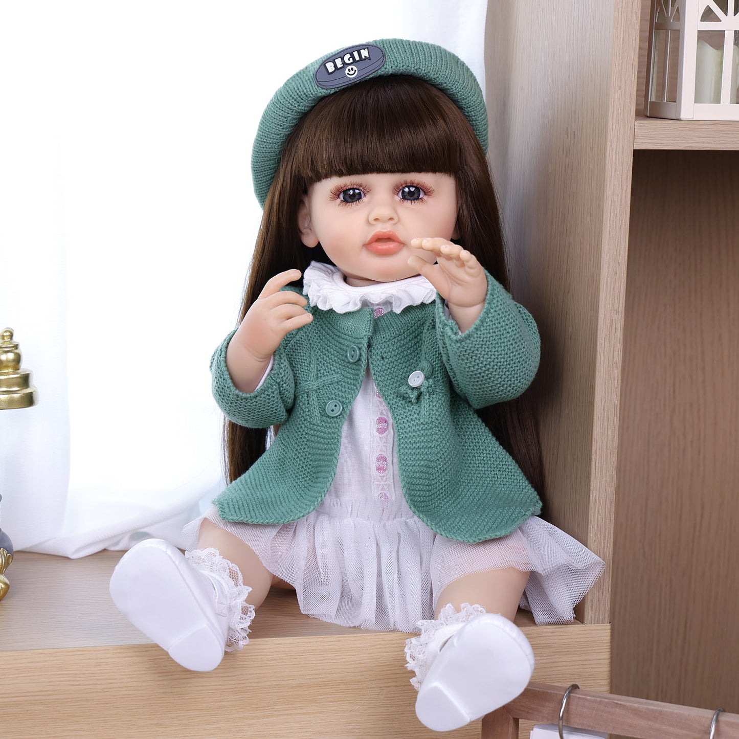 22 Inch Full Body Silicone Realistic Baby Girl with Long Brown Hair & Princess Style, Gift for Girls 3+