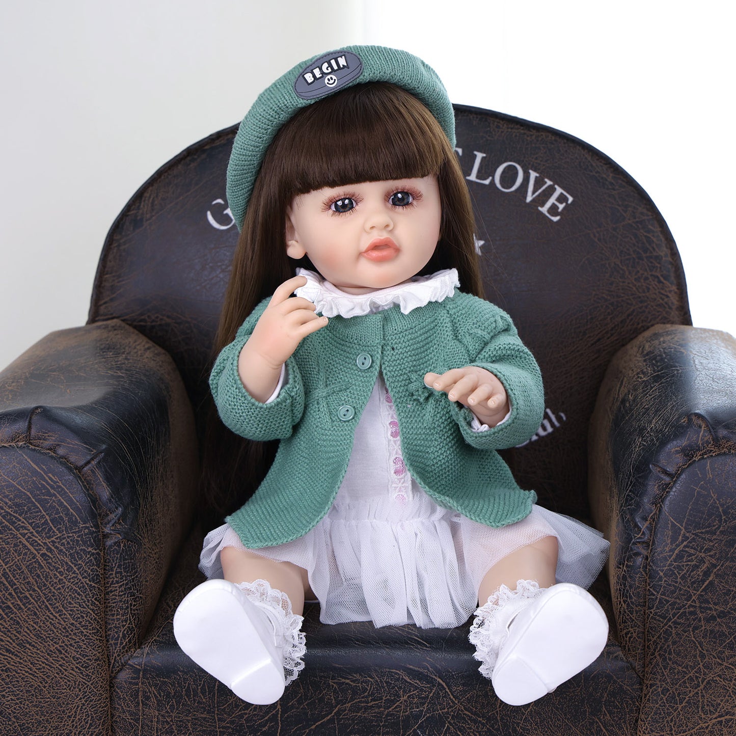 22 Inch Full Body Silicone Realistic Baby Girl with Long Brown Hair & Princess Style, Gift for Girls 3+