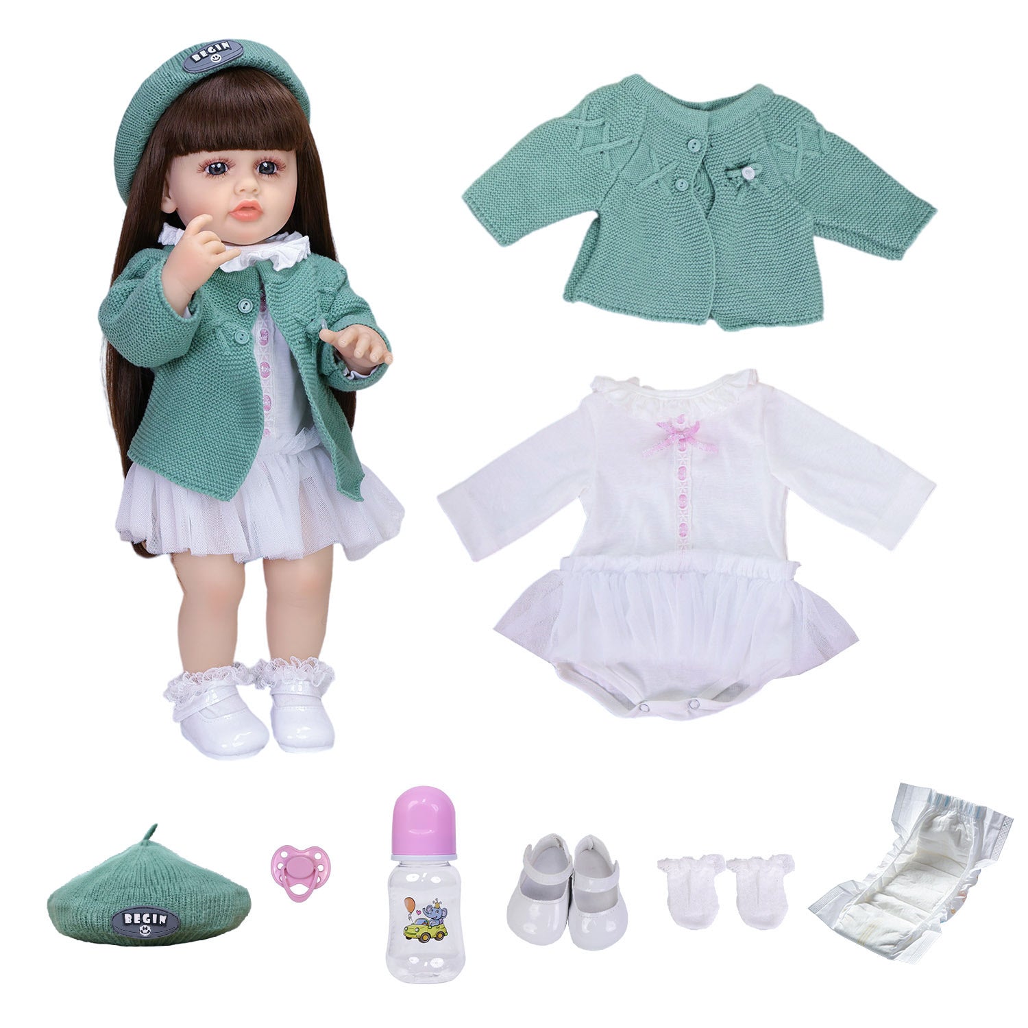22 Inch Full Body Silicone Realistic Baby Girl with Long Brown Hair & Princess Style, Gift for Girls 3+