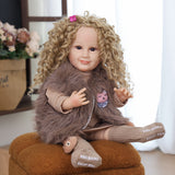 Close-up of Sunny reborn doll's smiling face and light blonde curly hair.