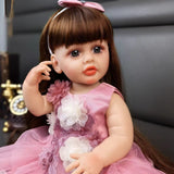 22 inch Full Body Silicone Realistic Baby Girl with Light Brown Hair & Acrylic Eyes, Pink Heart Princess Dress Set with Shoes & Accessories, Gift for Girls 3+
