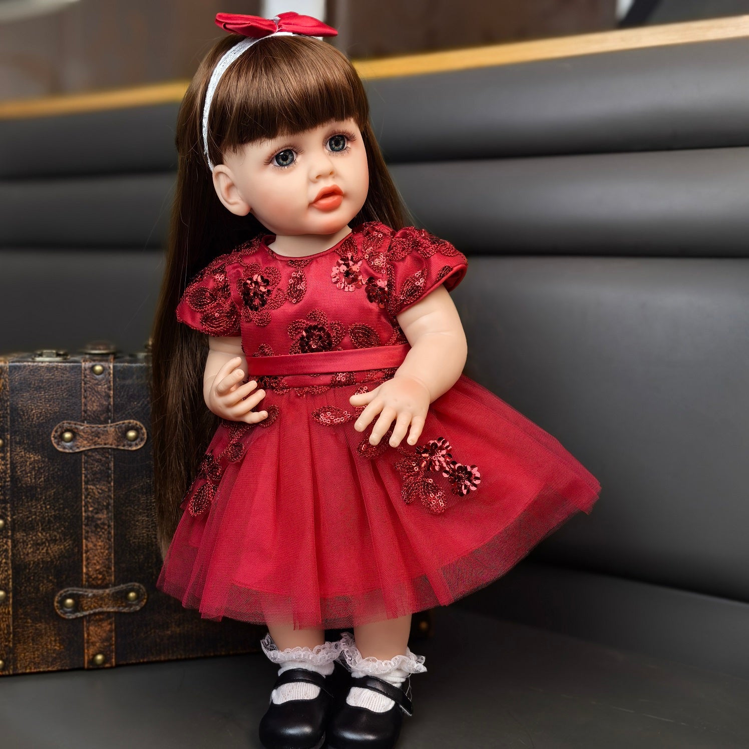 22 inch Full Body Silicone Realistic Baby Girl with Light Brown Hair & Acrylic Eyes, Pink Heart Princess Dress Set with Shoes & Accessories, Gift for Girls 3+