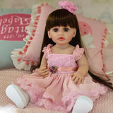 22 inch Full Body Silicone Realistic Baby Girl with Light Brown Hair & Acrylic Eyes, Pink Heart Princess Dress Set with Shoes & Accessories, Gift for Girls 3+