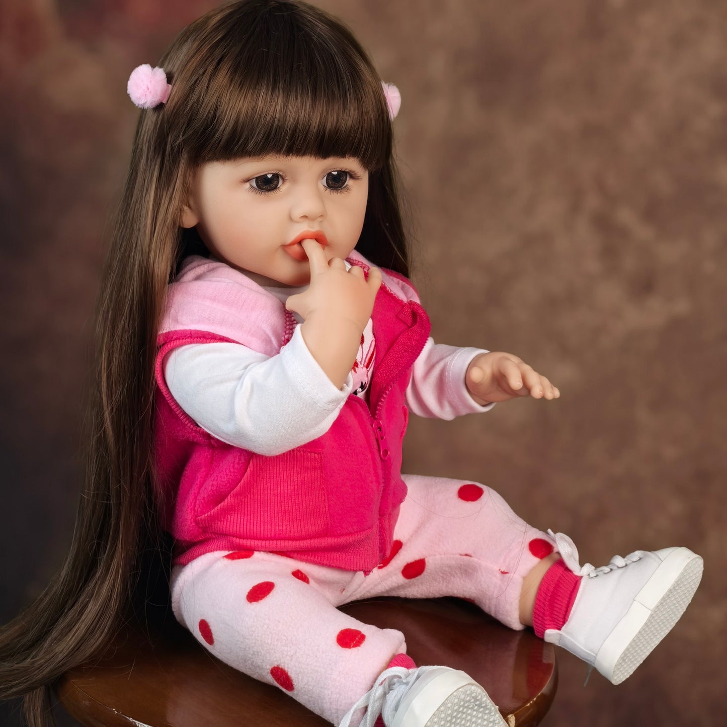 22 inch Full Body Silicone Realistic Baby Girl with Light Brown Hair & Acrylic Eyes, Pink Heart Princess Dress Set with Shoes & Accessories, Gift for Girls 3+