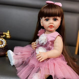 22 inch Full Body Silicone Realistic Baby Girl with Light Brown Hair & Acrylic Eyes, Pink Heart Princess Dress Set with Shoes & Accessories, Gift for Girls 3+