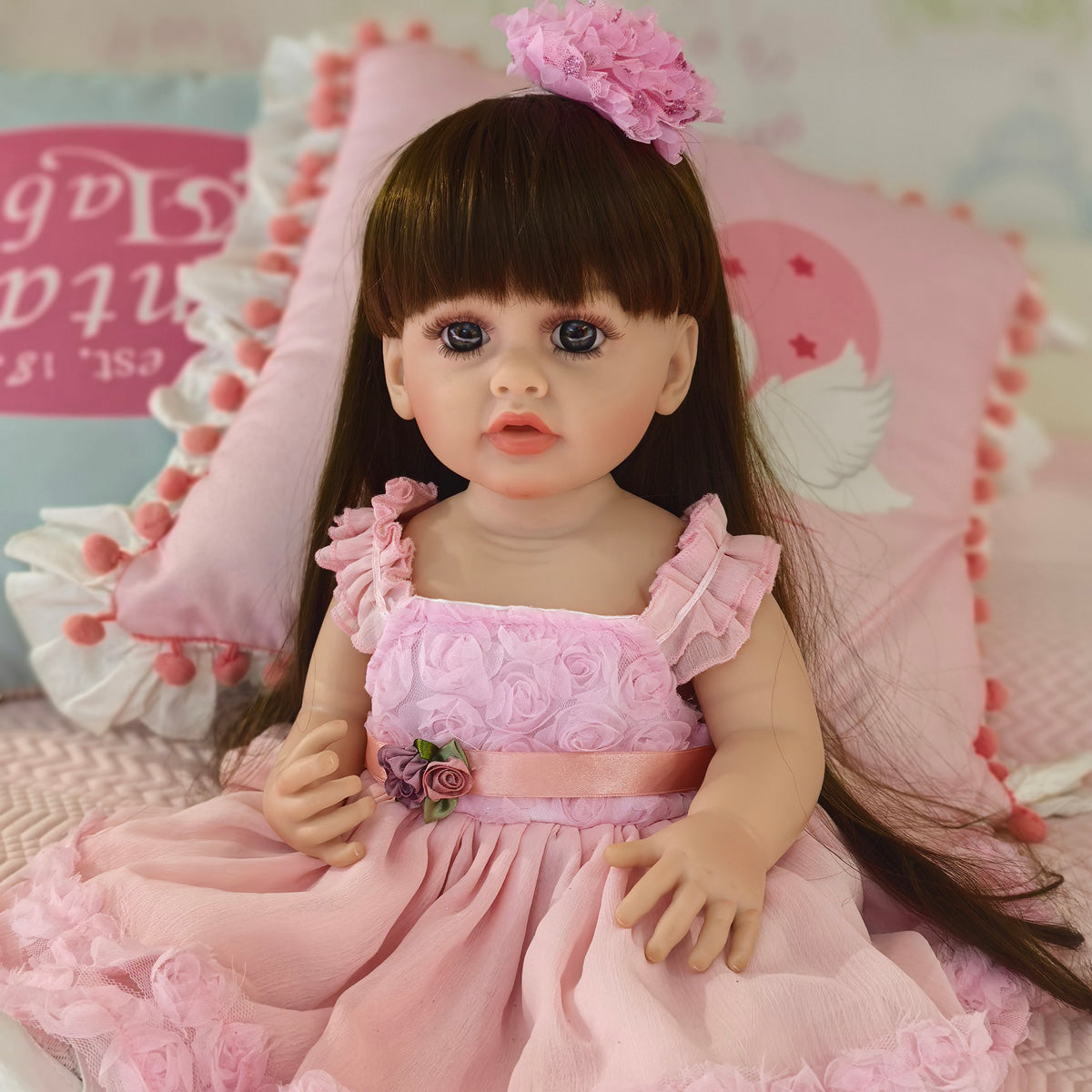 22 inch Full Body Silicone Realistic Baby Girl with Light Brown Hair & Acrylic Eyes, Pink Heart Princess Dress Set with Shoes & Accessories, Gift for Girls 3+