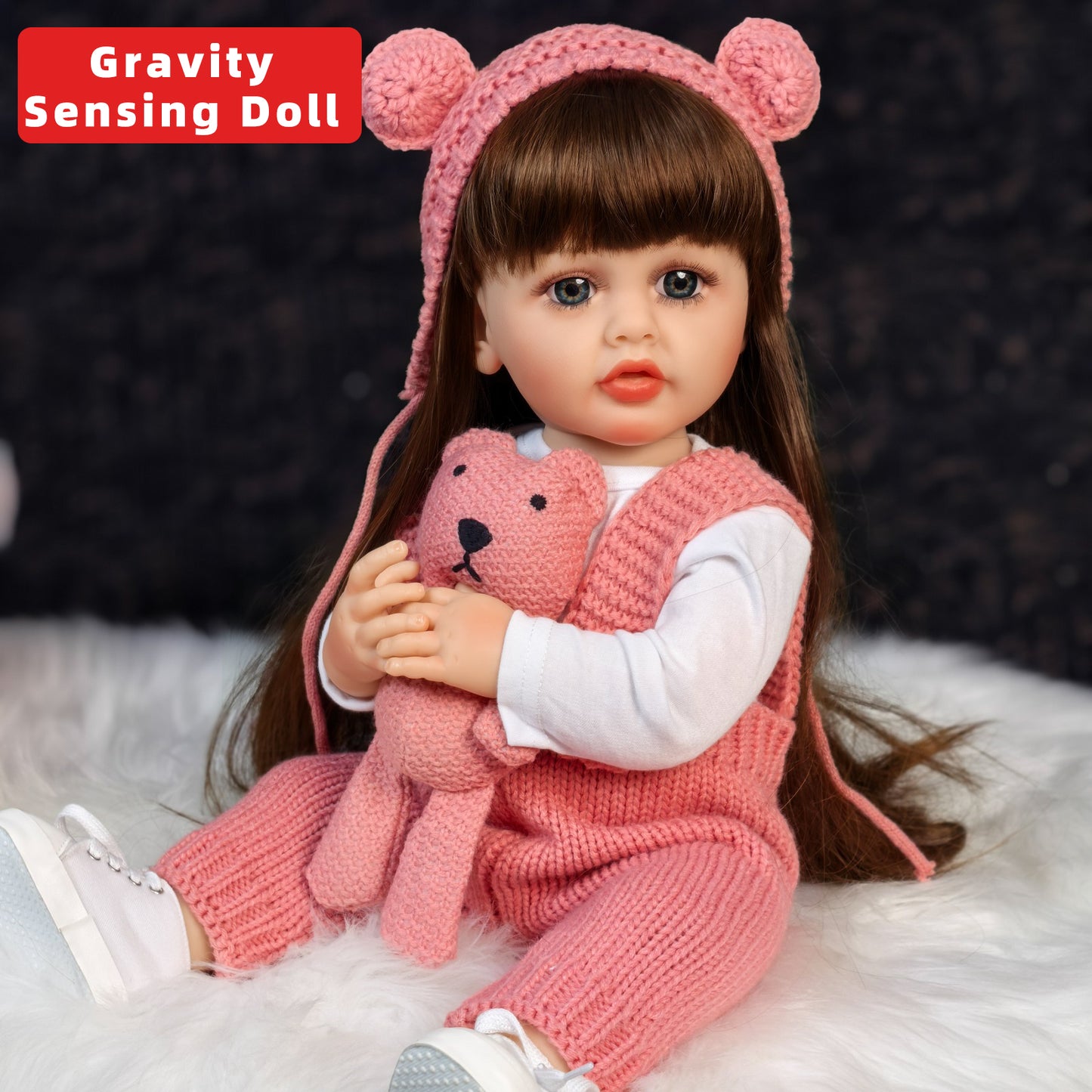22 Inch Full Body Silicone Realistic Baby Girl with Long Brown Hair & Princess Style, Gravity-Sensing, Gift for Girls 3+