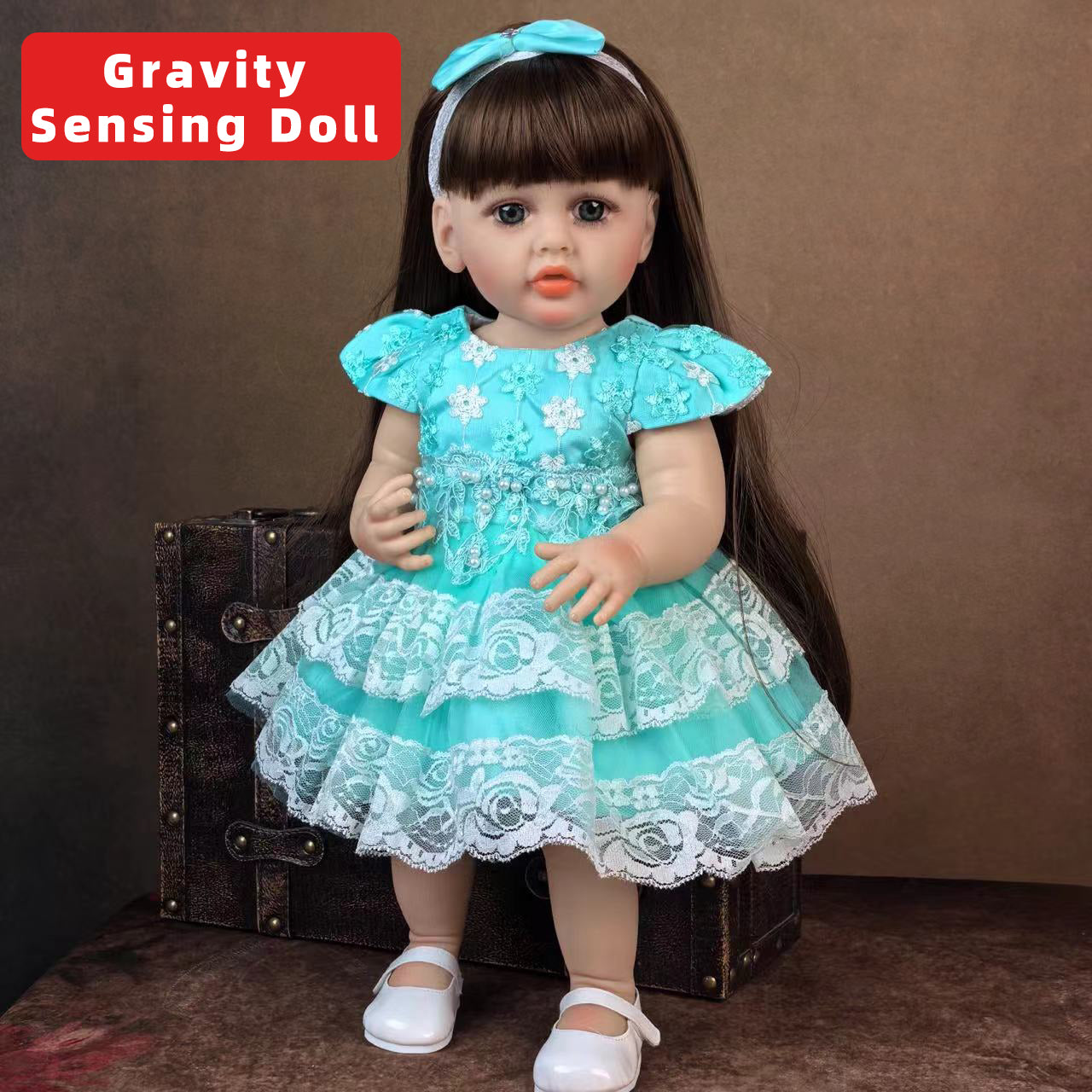 22 Inch Full Body Silicone Realistic Baby Girl with Long Brown Hair & Princess Style, Gravity-Sensing, Gift for Girls 3+