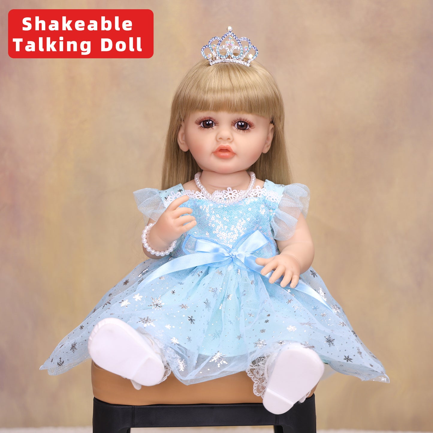 22 Inch Full Body Silicone Realistic Baby Girl with Long Brown Hair & Princess Style, Shakeable Talking Doll, Gift for Girls 3+