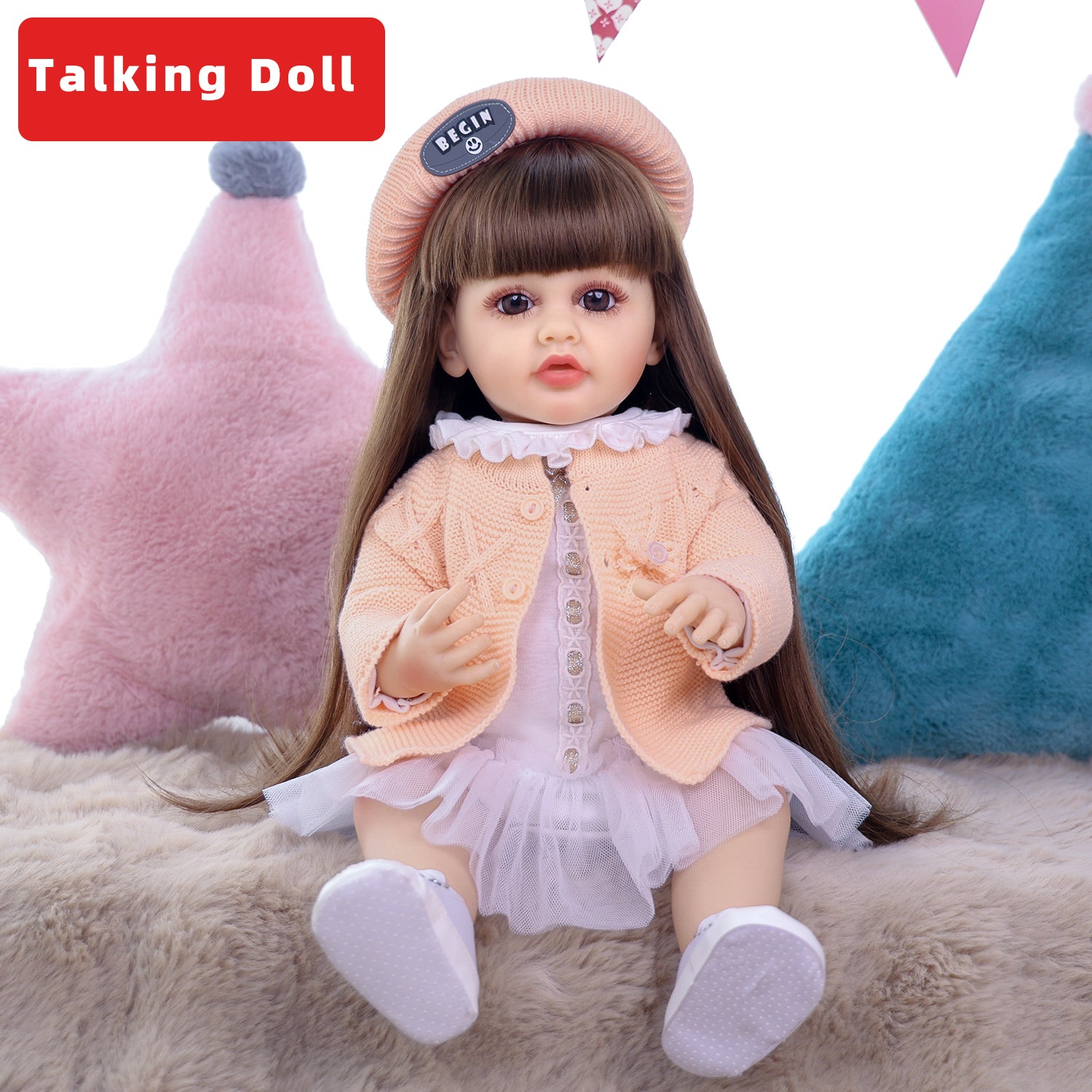 22 Inch Full Body Silicone Realistic Baby Girl with Long Brown Hair & Princess Style, Talking Doll, Gift for Girls 3+