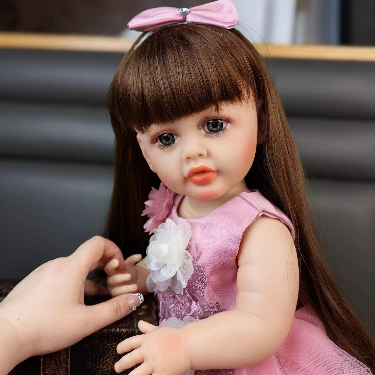 22 inch Full Body Silicone Realistic Baby Girl with Light Brown Hair & Acrylic Eyes, Pink Heart Princess Dress Set with Shoes & Accessories, Gift for Girls 3+