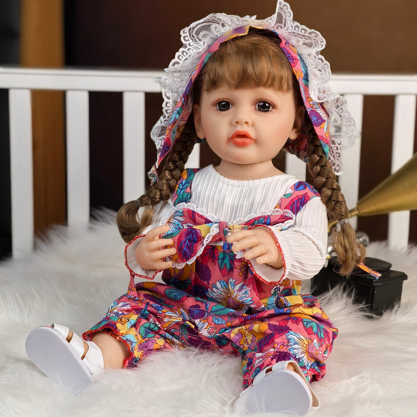 22 inch Full Body Silicone Realistic Baby Girl with Light Brown Hair & Acrylic Eyes, Pink Heart Princess Dress Set with Shoes & Accessories, Gift for Girls 3+
