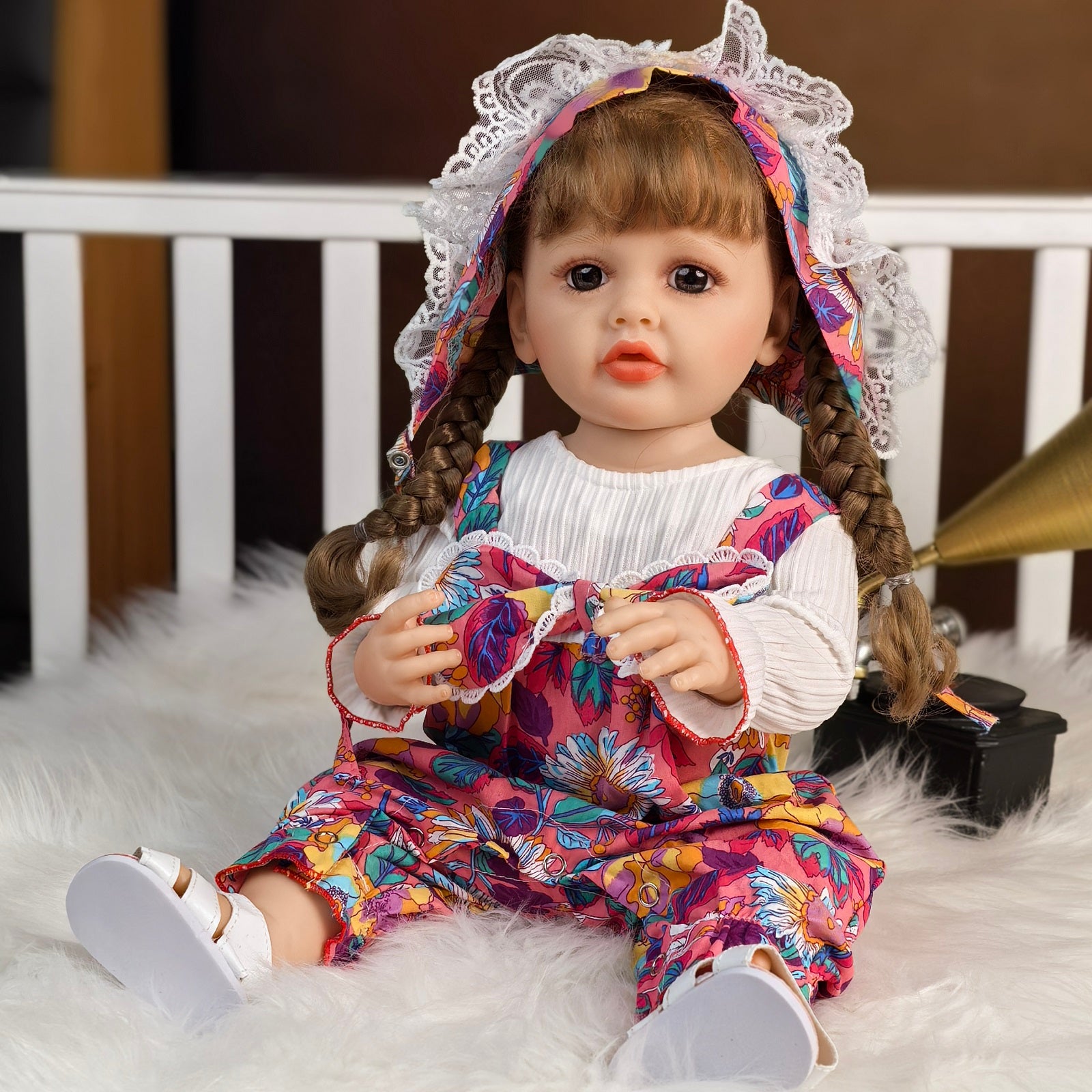 22 inch Full Body Silicone Realistic Baby Girl with Light Brown Hair & Acrylic Eyes, Pink Heart Princess Dress Set with Shoes & Accessories, Gift for Girls 3+