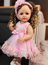 22 inch Full Body Silicone Realistic Baby Girl with Light Brown Hair & Acrylic Eyes, Pink Heart Princess Dress Set with Shoes & Accessories, Gift for Girls 3+