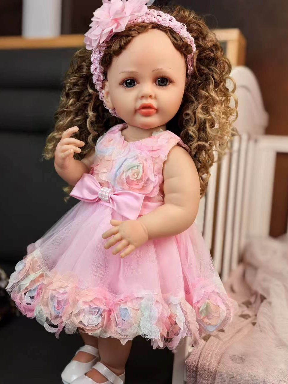 22 inch Full Body Silicone Realistic Baby Girl with Light Brown Hair & Acrylic Eyes, Pink Heart Princess Dress Set with Shoes & Accessories, Gift for Girls 3+