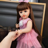 22 inch Full Body Silicone Realistic Baby Girl with Light Brown Hair & Acrylic Eyes, Pink Heart Princess Dress Set with Shoes & Accessories, Gift for Girls 3+