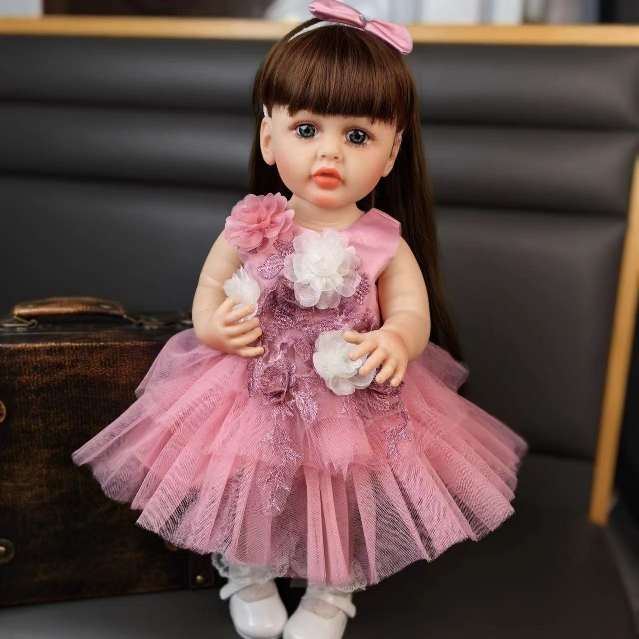 22 inch Full Body Silicone Realistic Baby Girl with Light Brown Hair & Acrylic Eyes, Pink Heart Princess Dress Set with Shoes & Accessories, Gift for Girls 3+