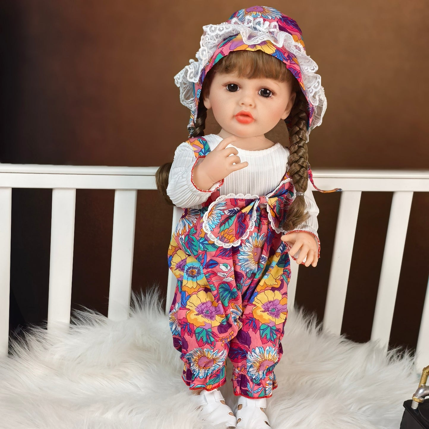 22 inch Full Body Silicone Realistic Baby Girl with Light Brown Hair & Acrylic Eyes, Pink Heart Princess Dress Set with Shoes & Accessories, Gift for Girls 3+