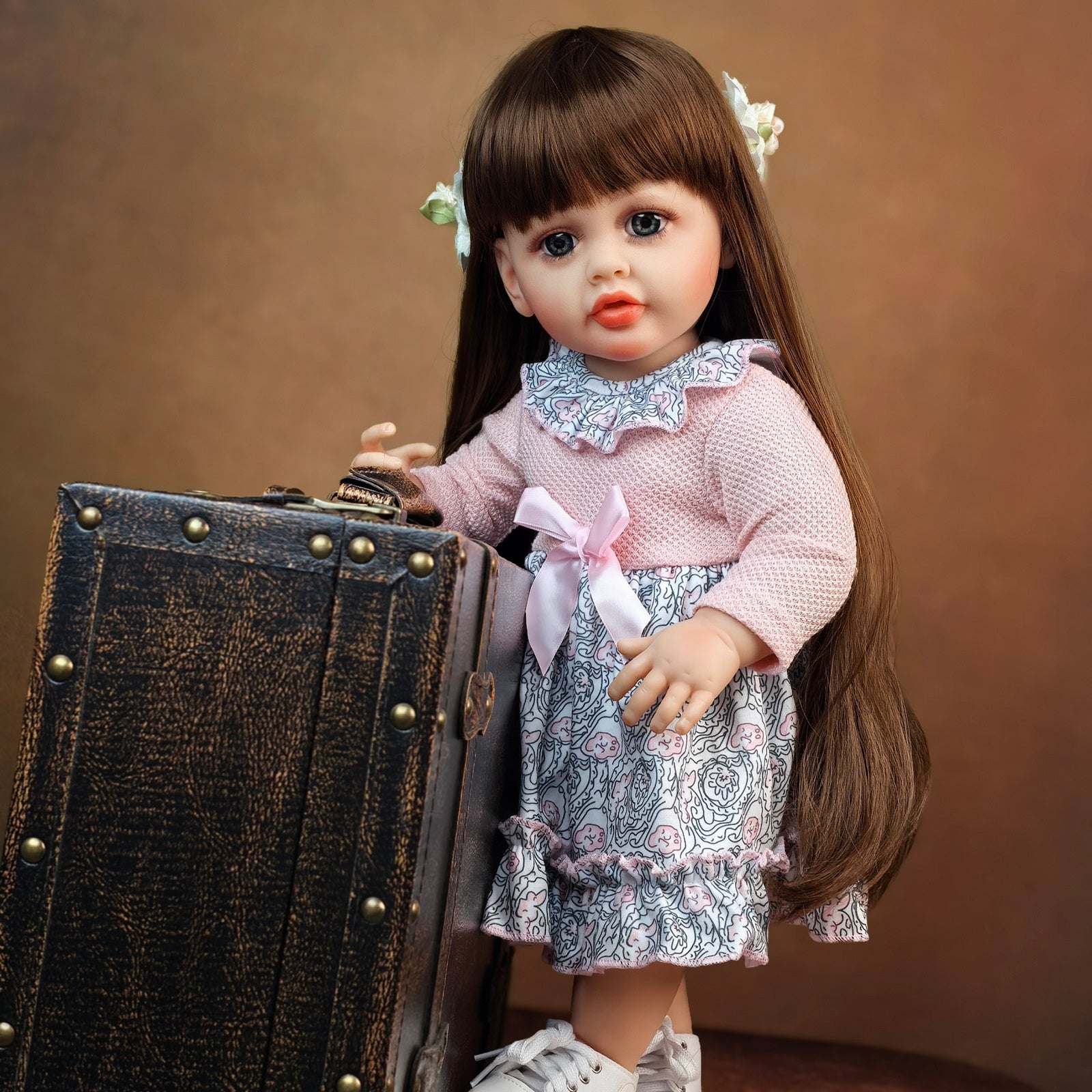22 inch Full Body Silicone Realistic Baby Girl with Light Brown Hair & Acrylic Eyes, Pink Heart Princess Dress Set with Shoes & Accessories, Gift for Girls 3+
