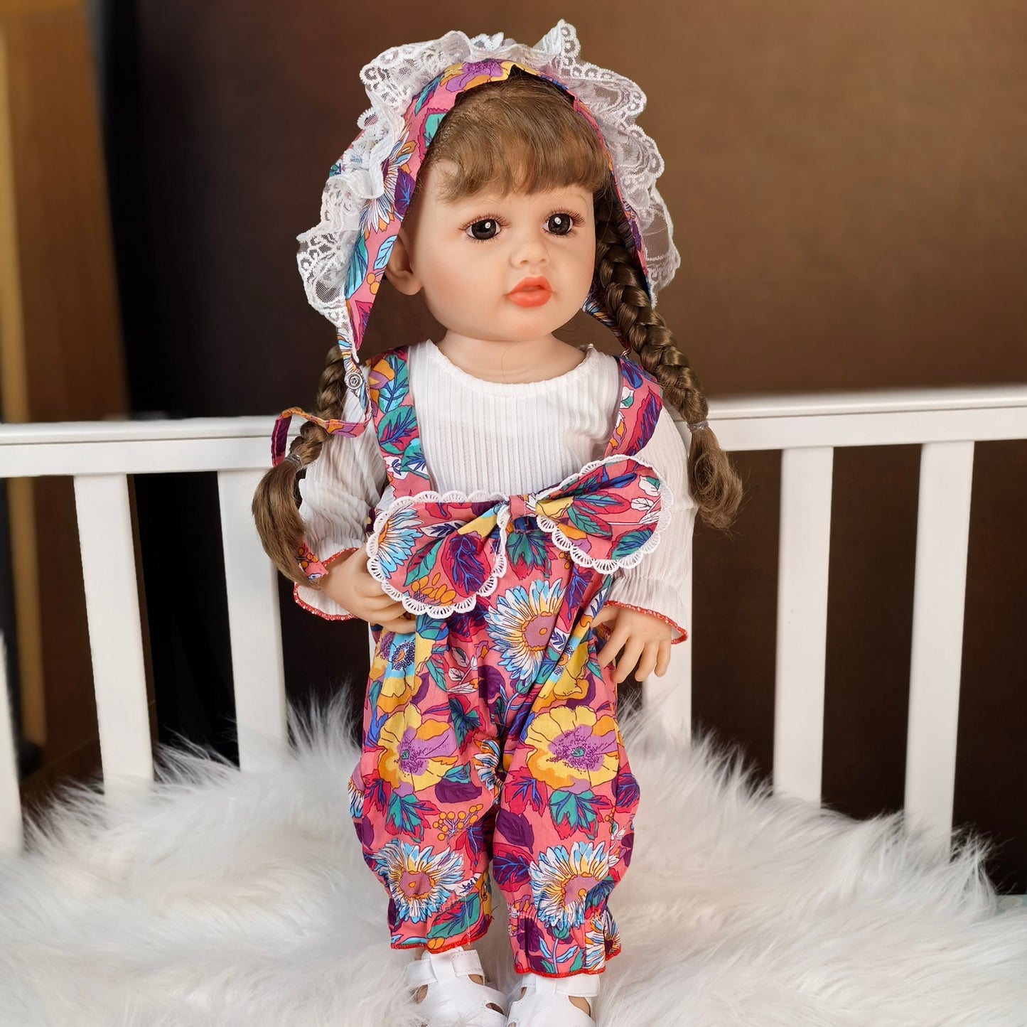 22 inch Full Body Silicone Realistic Baby Girl with Light Brown Hair & Acrylic Eyes, Pink Heart Princess Dress Set with Shoes & Accessories, Gift for Girls 3+