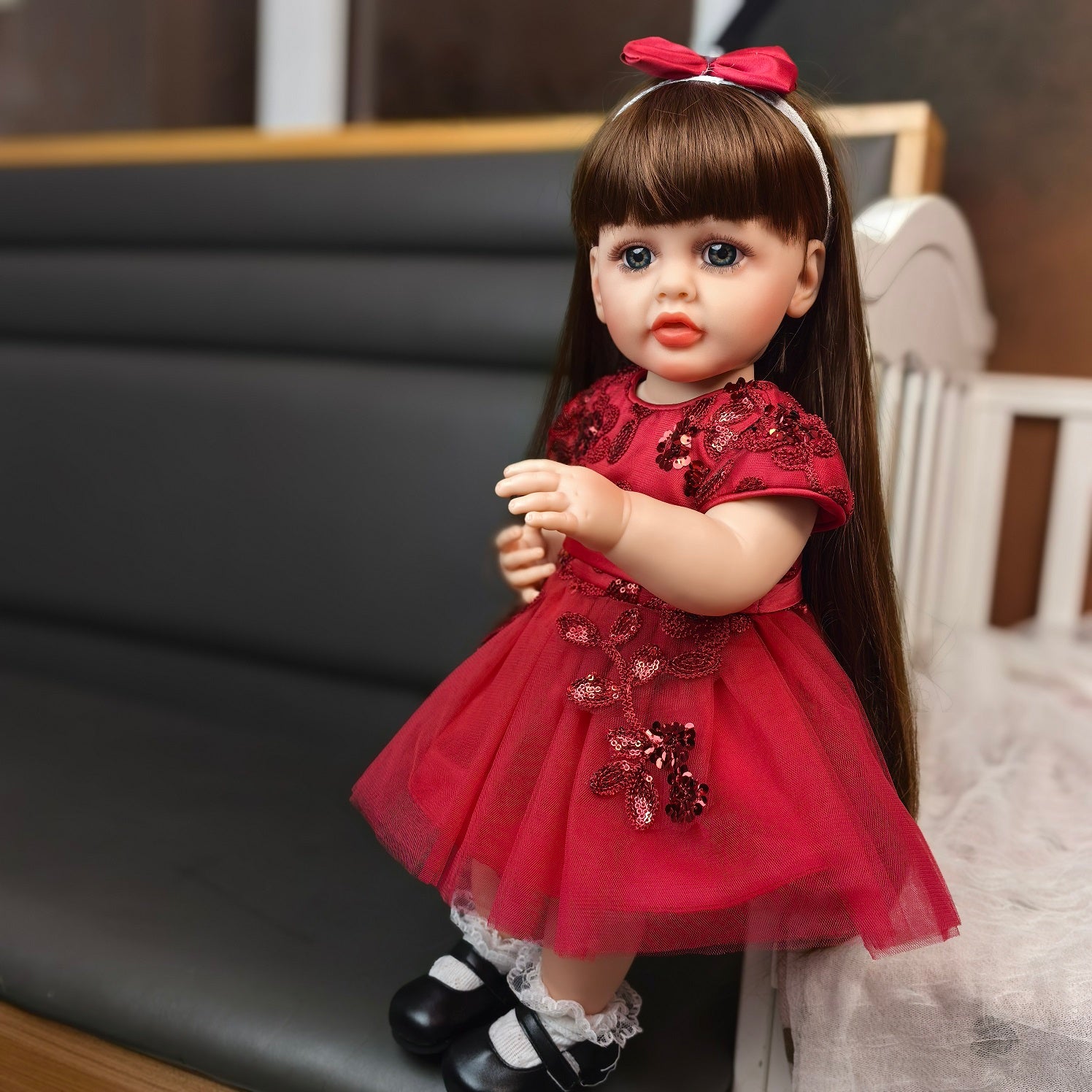 22 inch Full Body Silicone Realistic Baby Girl with Light Brown Hair & Acrylic Eyes, Pink Heart Princess Dress Set with Shoes & Accessories, Gift for Girls 3+