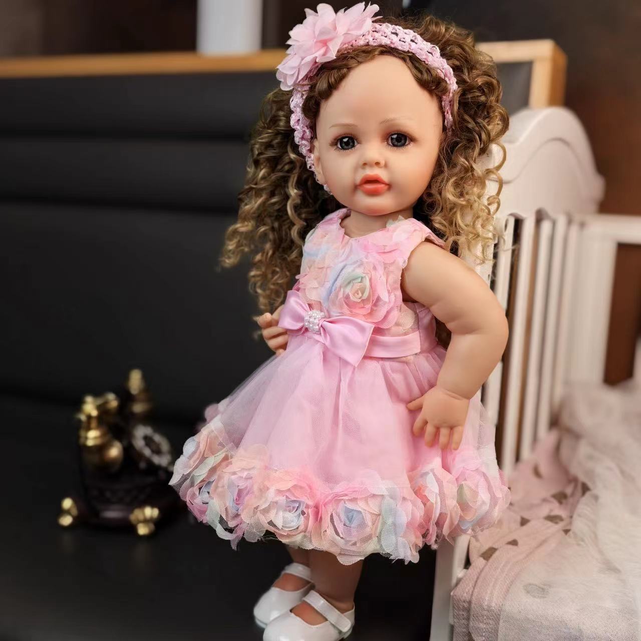 22 inch Full Body Silicone Realistic Baby Girl with Light Brown Hair & Acrylic Eyes, Pink Heart Princess Dress Set with Shoes & Accessories, Gift for Girls 3+