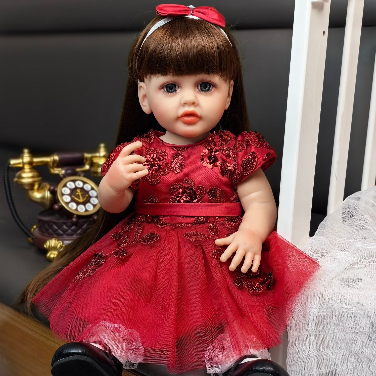 22 inch Full Body Silicone Realistic Baby Girl with Light Brown Hair & Acrylic Eyes, Pink Heart Princess Dress Set with Shoes & Accessories, Gift for Girls 3+